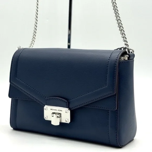 Michael Kors Kinsley leather Medium Shoulder Flap Crossbody Bag Navy Blue - Picture 2 of 9